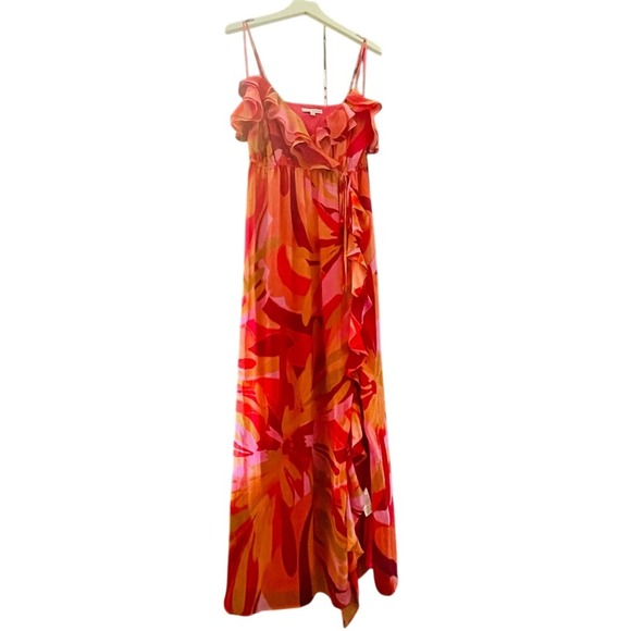 Sandra Darren Pink Orange Floral Ruffle Maxi Dress Cold Shoulder Size 6 - Picture 9 of 9